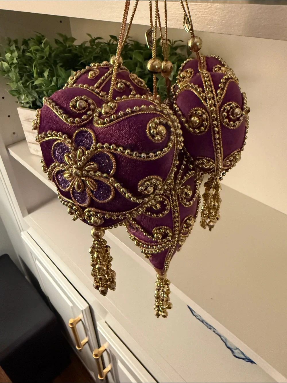 Jeweled Purple/Gold Velvet Beaded Christmas Ornaments Tassel Victorian Holiday